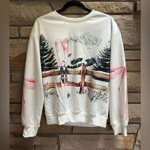 Boutique Winter Scene Ski Print Sweatshirt White Small